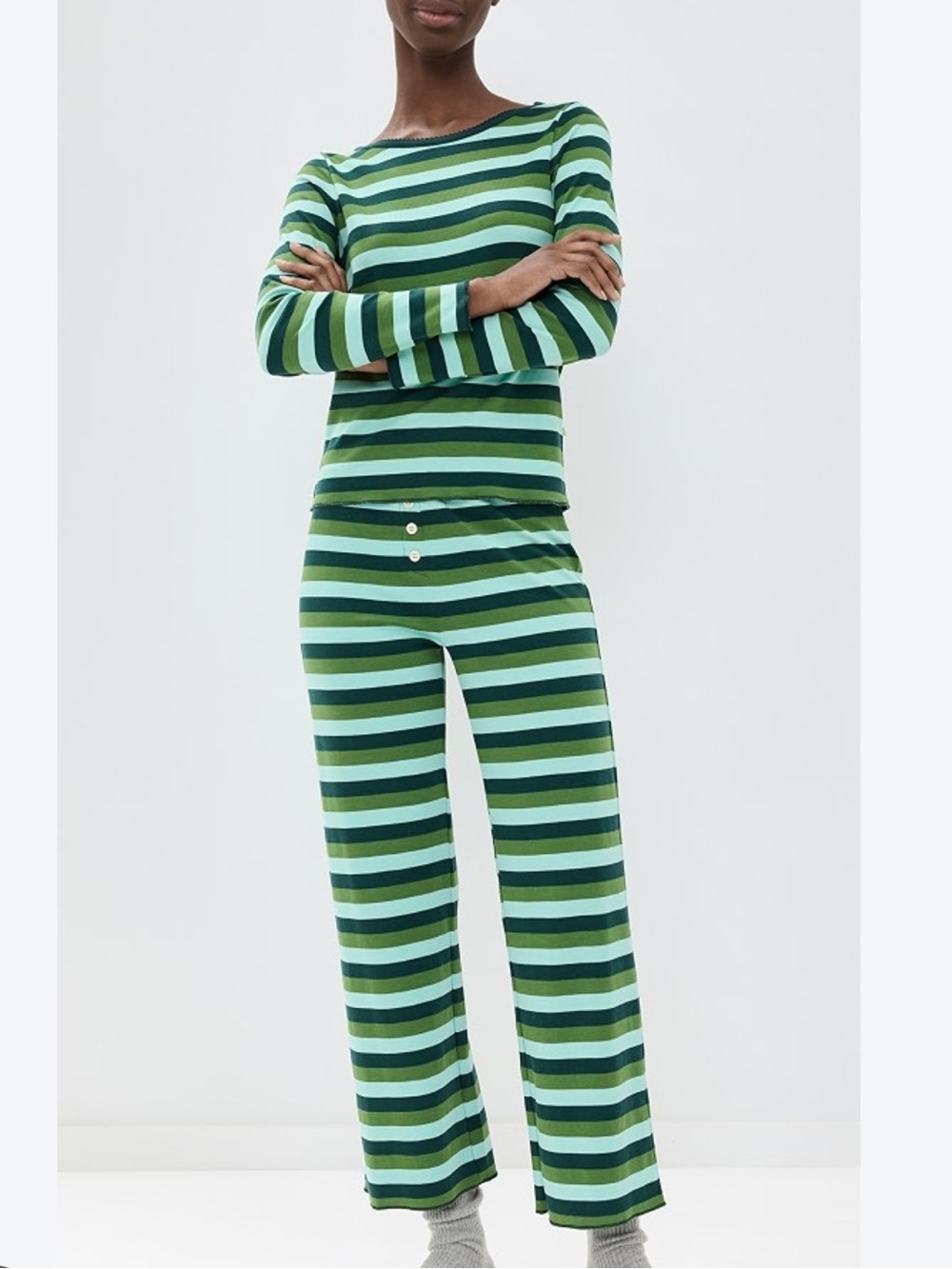 Cozyland Striped Green Pajama Set - Long Sleeve Top & Pants